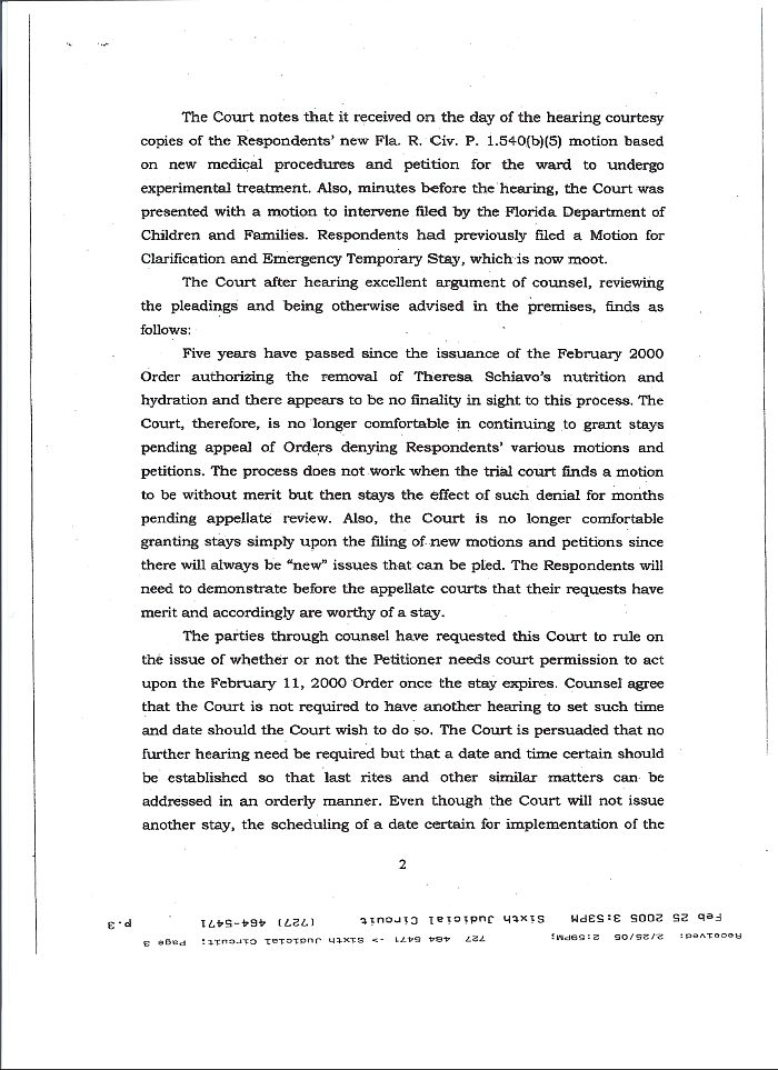 Feb. 25, 2005 order to remove nutrition and hydration pg 2